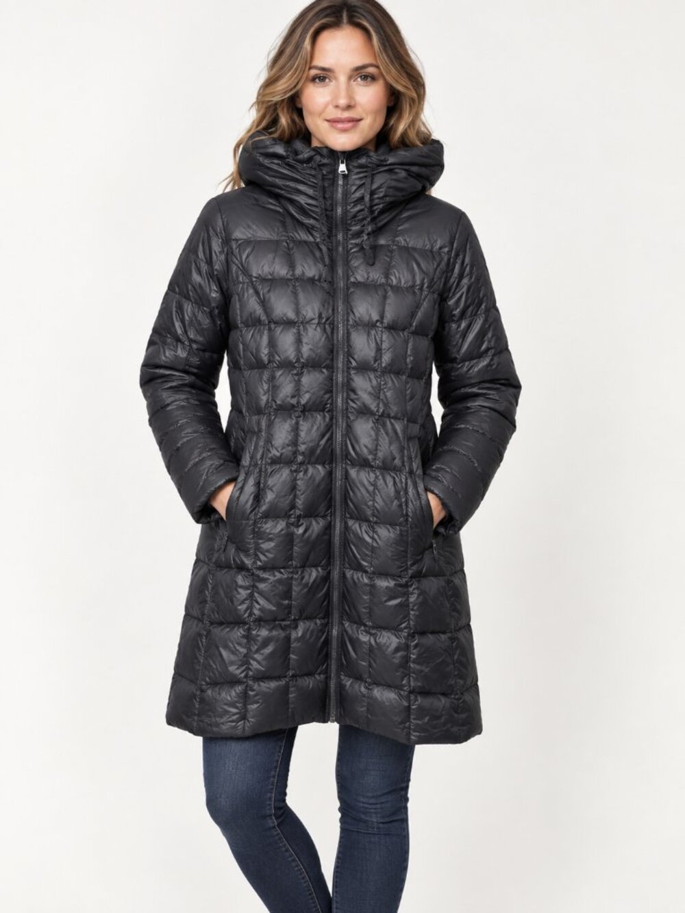 Laundry by Shelli Segal Medium Black Down Puffer Coat Hooded Long